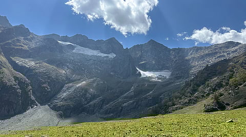 The Thajiwas glacier in Sonamarg shows bare rock and shrinking ice, where once snow spread thickly across the valley floor.