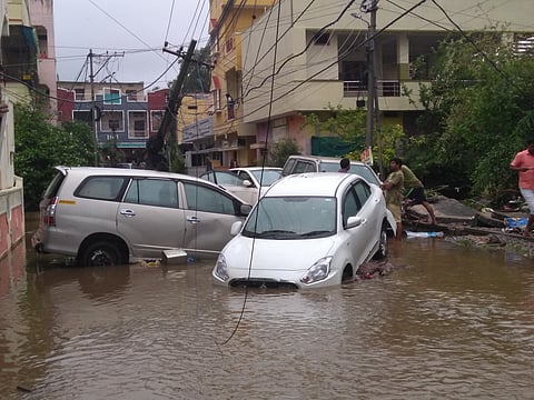 Aftermath of the 2020 Hyderabad floods in a street.