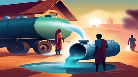 An AI generated image, highlighting water shortage and use of tankers to provide water but water being wasted when available (Image Source: Praharsh Patel)