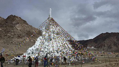 Ice Stupa: Made from artificial glaciers, they store wasting winter water that melts & feeds farms when water is scarce (Source: The Ice Stupa Project)