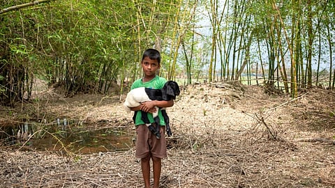 The Amphan swept away the chicken coops and other domestic animals. This is Anup Bhakta standing with one of the few goats left after the storm. (Image: WaterAid, Subhrajit Sen)