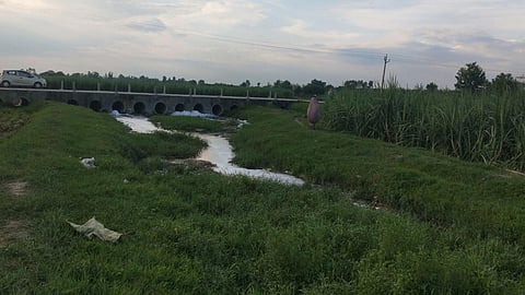 The Baand river is nearly dry even when the region saw above normal monsoon this year. Much of the riverbed is encroached by farms. (Image: Adeel Khan and Praharsh Patel)