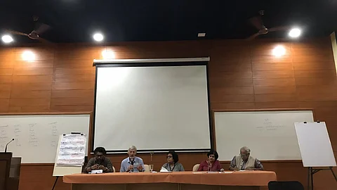 From left to right - Siddharth Krishnan (ATREE), David Groenfeldt (Water Culture Institute), Sara Ahmed (University of Cambridge), Veena Srinivasan (ATREE), KJ Joy (SOPPECOM)