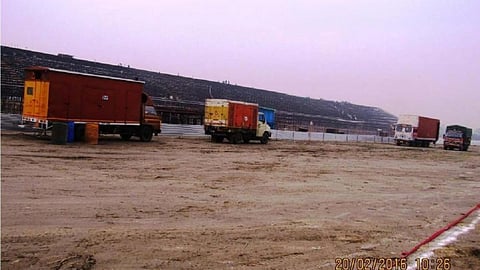 Front view of the giant stage under construction for the World Culture Festival. (Source: Yamuna Jiye Abhiyan)