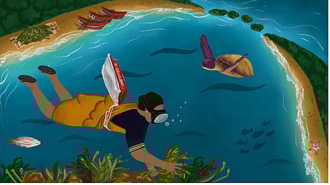 उथली खाड़ी में गोता मार कर शैवाल चुनती तमिल महिला