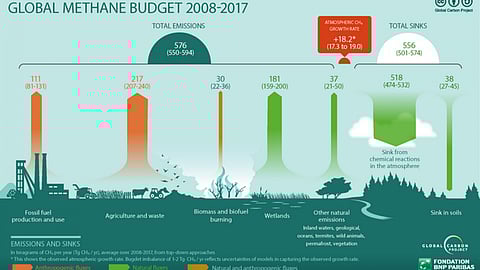 2008 से 2017 की अवधि में मीथेन उत्सर्जन के मुख्य स्रोत (वैश्विक कार्बन परियोजना द्वारा अनुमानित) फोटो - विकिपीडिया