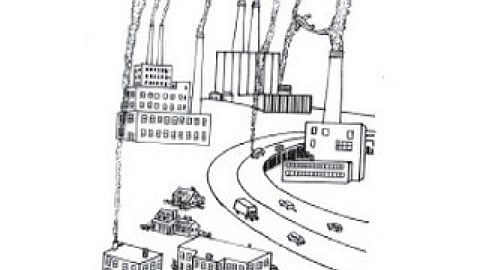 धुआँ उगलती हुई चिमनी-डीजल गाड़ी