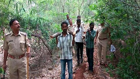 बंगलुरु में चंदन की लकड़ी काटने के आरोप में गिरफ्तार युवकों को ले जाती पुलिस