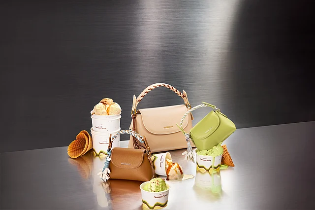 Ice cream-themed handbag flat lay from Miraggio’s Summer Scoop collection featuring trendy pastel accessories