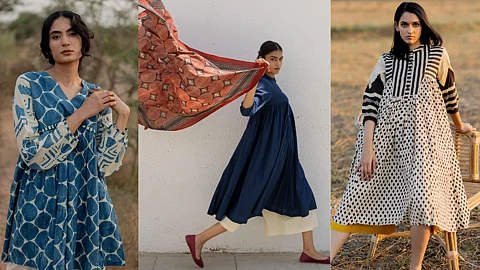 Models in Vraj:Bhoomi’s signature hand-block printed outfits, inspired by Kutch crafts.