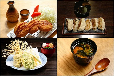 L-R, clockwise: Korokke, Gyouza, Miso Soup and Yasai Tempura