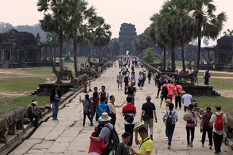 Tourists visit the Angkor Wat temple in Siem Reap, Cambodia