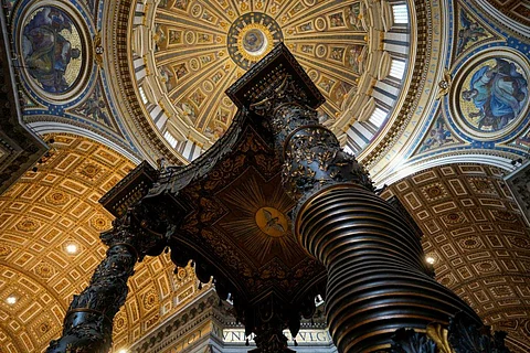 A view of the 17th century, 95ft-tall bronze canopy by Giovan Lorenzo Bernini surmounting the papal Altar of the Confession