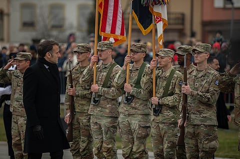 Macron inspects US Soldiers during a commemoration ceremony for the 80th anniversary of the Battle of Colmar at Colmar, France, Feb. 2, 2025. (U.S. Army photo by Sgt. Bernabe Lopez)