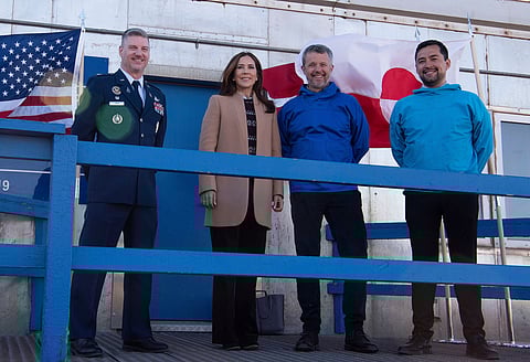 Colonel Jason Terry, Queen Mary of Denmark, King Frederik X of Denmark, and Múte Bourup Egede, prime minister of Greenland at Pituffik Space Base