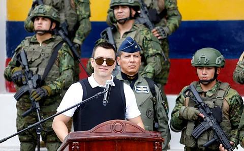 Daniel Noboa during a visit t a military base