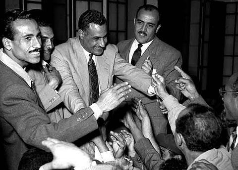 Gamal Abdel Nasser meeting Egyptian workers, 1954.