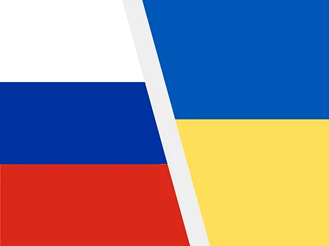 Flag of Ukraine and Russia, the two largest European countries fighting a three-year old war.