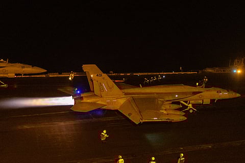 U.S. aircraft takes off from the Nimitz-class aircraft carrier USS Harry S. Truman to carry out strike against the Houthis