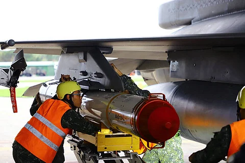 The Republic of China Air Force F-16 being fitted with Harpoon anti-ship missile during exercise