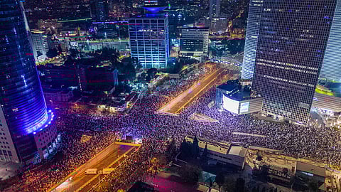 Israeli Protests against the judicial reform near Tel Aviv's Azrieli Center on 4 March 2023