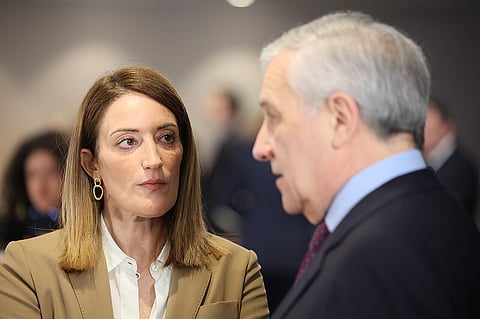Antonio Tajani with Giorgia Meloni in EPP Summit 2025