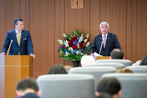 Pete Hegseth and Gen Nakatani hold a joint press briefing at the Japanese Ministry of Defense in Tokyo, Japan, March 30, 2025
