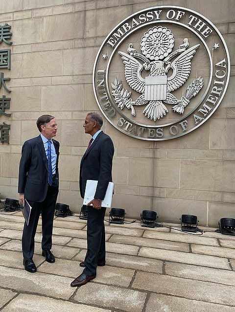 Deputy Secretary Verma converses with Ambassador Nick Burns at the U.S. Embassy in Beijing, China.