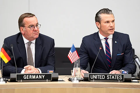 Boris Pistorius and Pete Hegseth during the 26th iteration of the UDCG at NATO Headquarters in Brussels, Belgium, 12 February 2025