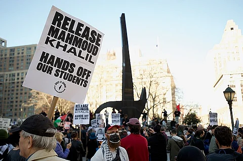 Protests in Thomas Paine Park against the detention of Palestinian activist and Columbia student Mahmoud Khalil.
