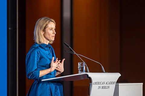 Kaja Kallas delivering a speech after receiving the Henry Kissinger Award at the Axica Convention Centre 28 March 2025