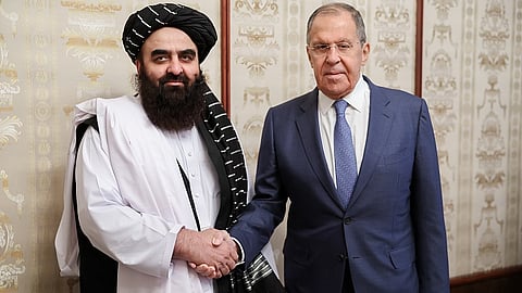 Russian Foreign Minister Sergey Lavrov and Acting Foreign Minister of Afghanistan Amir Khan Muttaqi. Moscow, October 2024.