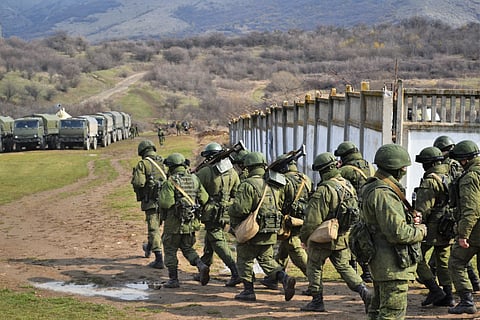 Russian troops taking control of Perevalne Military Base, Crimea, March 2014.