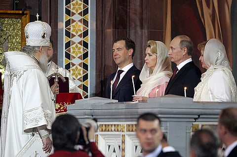 Prime Minister Vladimir Putin attends Easter service at Christ the Savior Cathedral, April 24th, 2011.