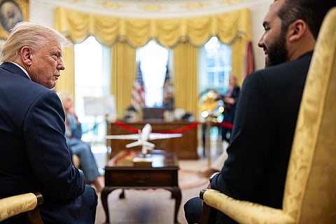 Donald Trump hosts a bilateral meeting with President Nayib Bukele of El Salvador, Monday, April 14, 2025, in the Oval Office.
