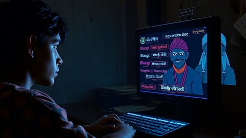 An AI art of a computer screen flooded with casteist slurs in Hindi and English ('Bhangi', Also known as ‘Chuhra’ or ‘Balmiki’)