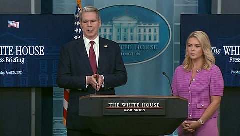 U.S. Treasury Secretary Scott Bessent joins White House Press Secretary Karoline Leavitt to address questions during a press briefing at the White House in Washington, D.C., on April 29, 2025.