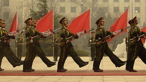 Members of a Chinese military honor guard march during a welcome ceremony for Chairman of the Joint Chiefs of Staff Marine Gen. Peter Pace at the Ministry of Defense in Beijing, China.
