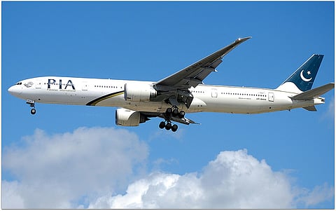 Boeing 777 of Pakistan International Airlines at Manchester Airport.