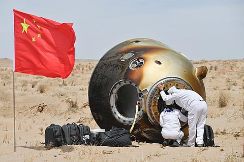The return capsule of the Shenzhou-19 touches down at the Dongfeng landing site in Inner Mongolia Autonomous Region, April 30, 2025.