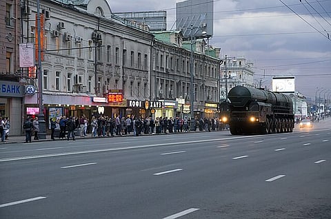 Moscow 2012 Victory Day Parade Rehearsal, Topol-M ICBM launcher, Russia.