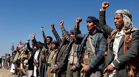 Houthi fighters on the anti-US and the anti-UK rally after strikes on Houthi military sites near Sanaa, Yemen.