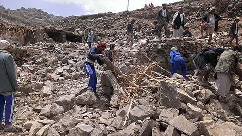 Yemeni villagers are the bombing of Hajar, Aukaish, 2015.
