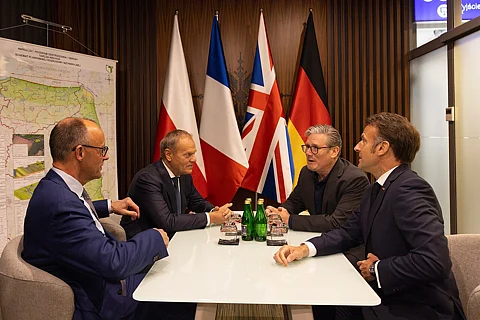 Keir Starmer, Emmanuel Macron, Friedrich Merz, and Donald Tusk meet in Rzeszow, Poland. before travelling to Ukraine to meet Volodymyr Zelenskyy.