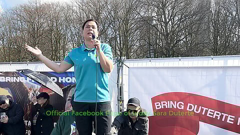 Sara Duterte addresses supporters in The Hague, Netherlands, on March 23, 2025