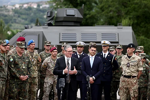 Keir Starmer meets members of the armed forces from the UK and Albania at the Berzhite Innovation Centre Tirana, Albania. May 2025