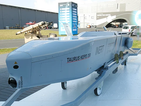 Taurus KEPD-350 demonstrator with four holes in front top cover on static display at ILA Berlin Air Show 2016