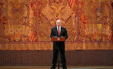 Vladimir Putin giving a speech at a gala evening in the Bolshoi Theatre dedicated to welcoming the New Year, 2018.