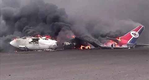Aftermath of Israel's airstrike on Sanaa International Airport, where the runway and the last operational Yemenia Airways plane were destroyed.