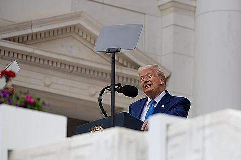 President Donald J. Trump addresses the public at the 157th National Memorial Day Observance in Memorial Amphitheater in Arlington National Cemetery.